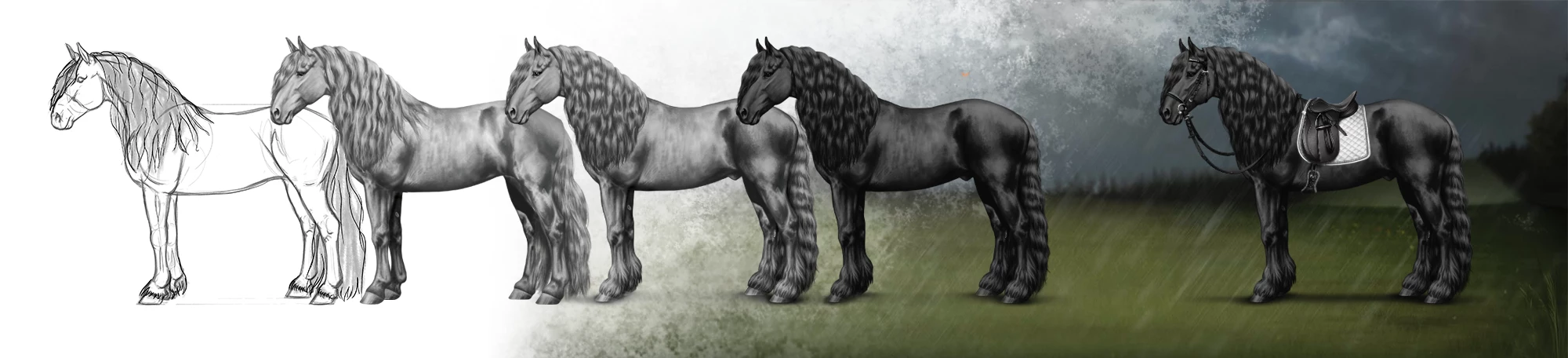 Entstehungsprozess eines Game Assets in mehreren Schritten: von der Bleistiftskizze über die Graustufenversion bis zum fertig eingefärbten Pferd mit Sattelzeug