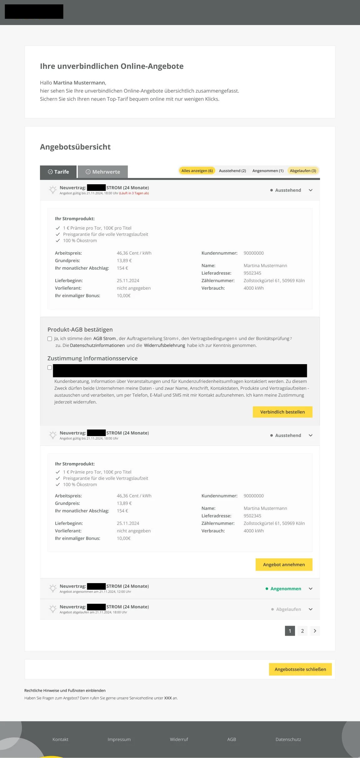 Angebotsübersicht der Landingpage mit Filterung nach Status und Tarif- sowie Mehrwert-Angeboten