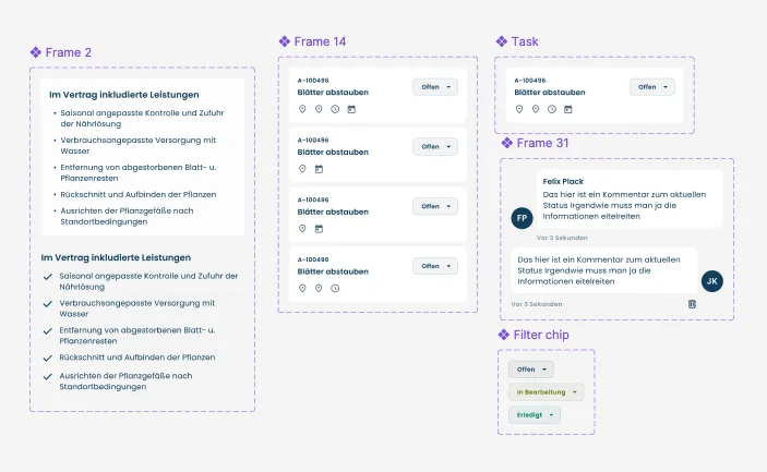 In Figma angelegte Komponenten für Aufgabenkarten, Filter-Chips und Kommentare