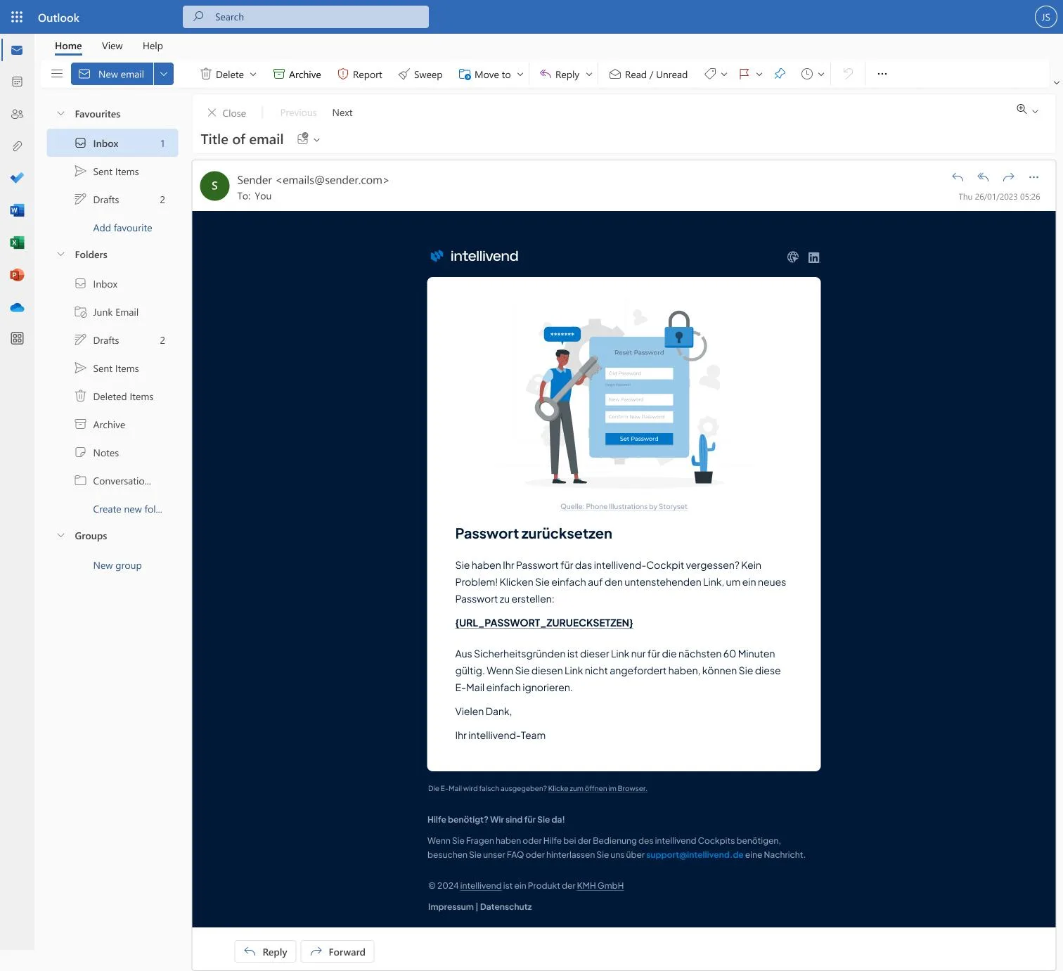 Transaktionale E-Mail von intellivend zum Zurücksetzen des Passworts