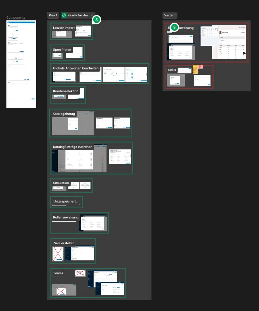 Interface Inventory der Modals von intellivend, gruppiert nach Status wie Ready for dev, Verworfen und Vertagt