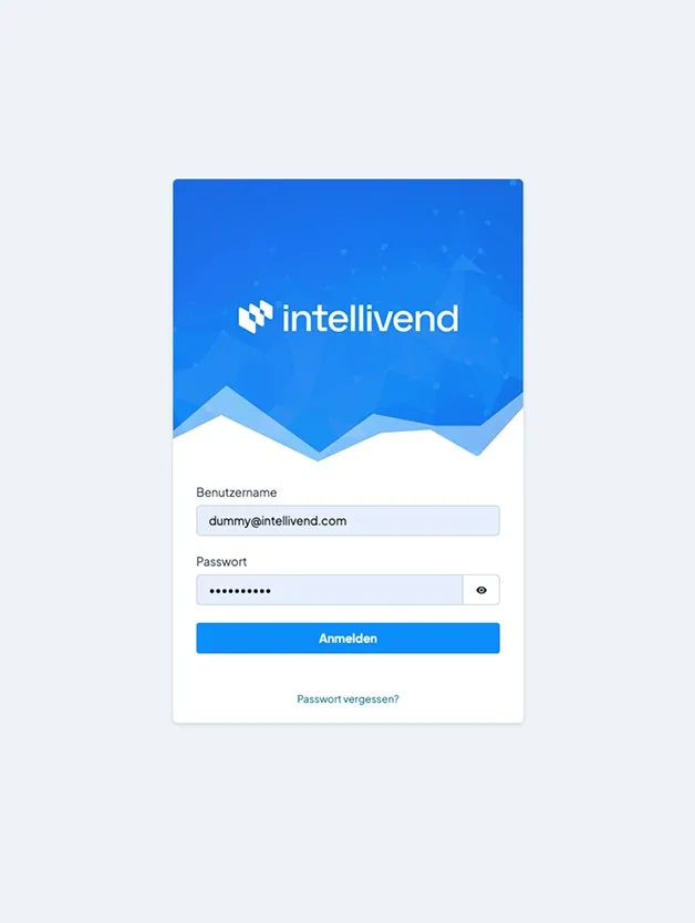 Allererster Entwurf der intellivend-Login-Maske mit knalligen Blautönen und der Beschriftung Benutzername