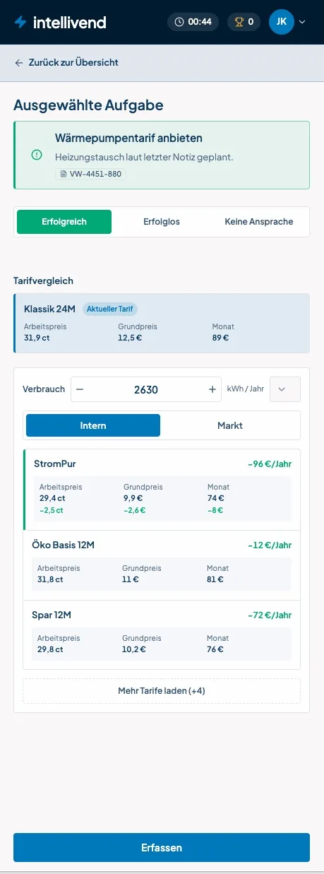 Tarifvergleich in der intellivend-Sidebar mit aktuellem Tarif und günstigeren Alternativen