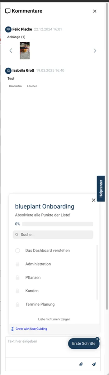 Aktuelle, mobile Darstellung der Kommentar-Sidebar, in die das blueplant-Onboarding optisch hineinragt