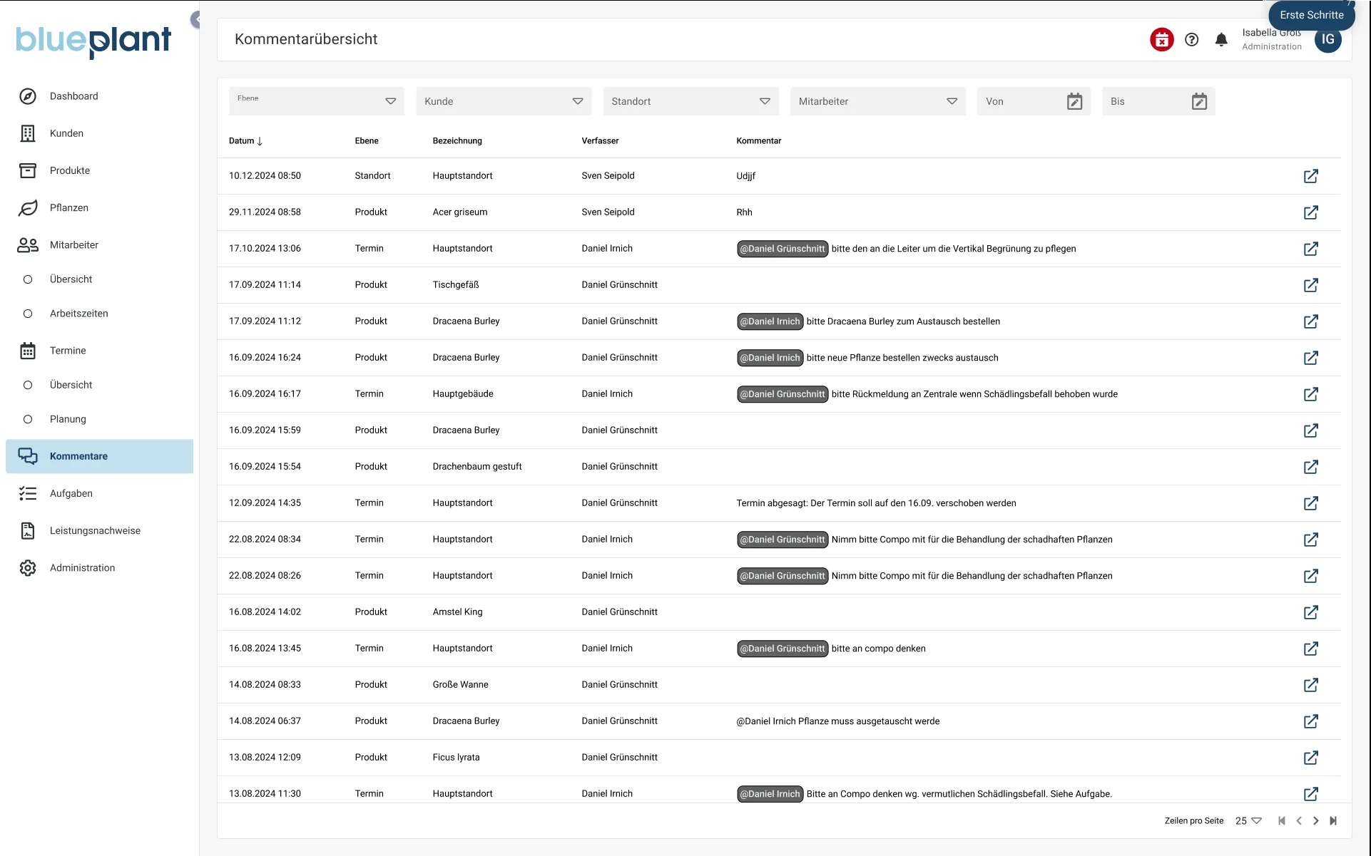 Bisherige Kommentarübersicht im CRM, als ungefilterte Liste ohne Schnellfilter
