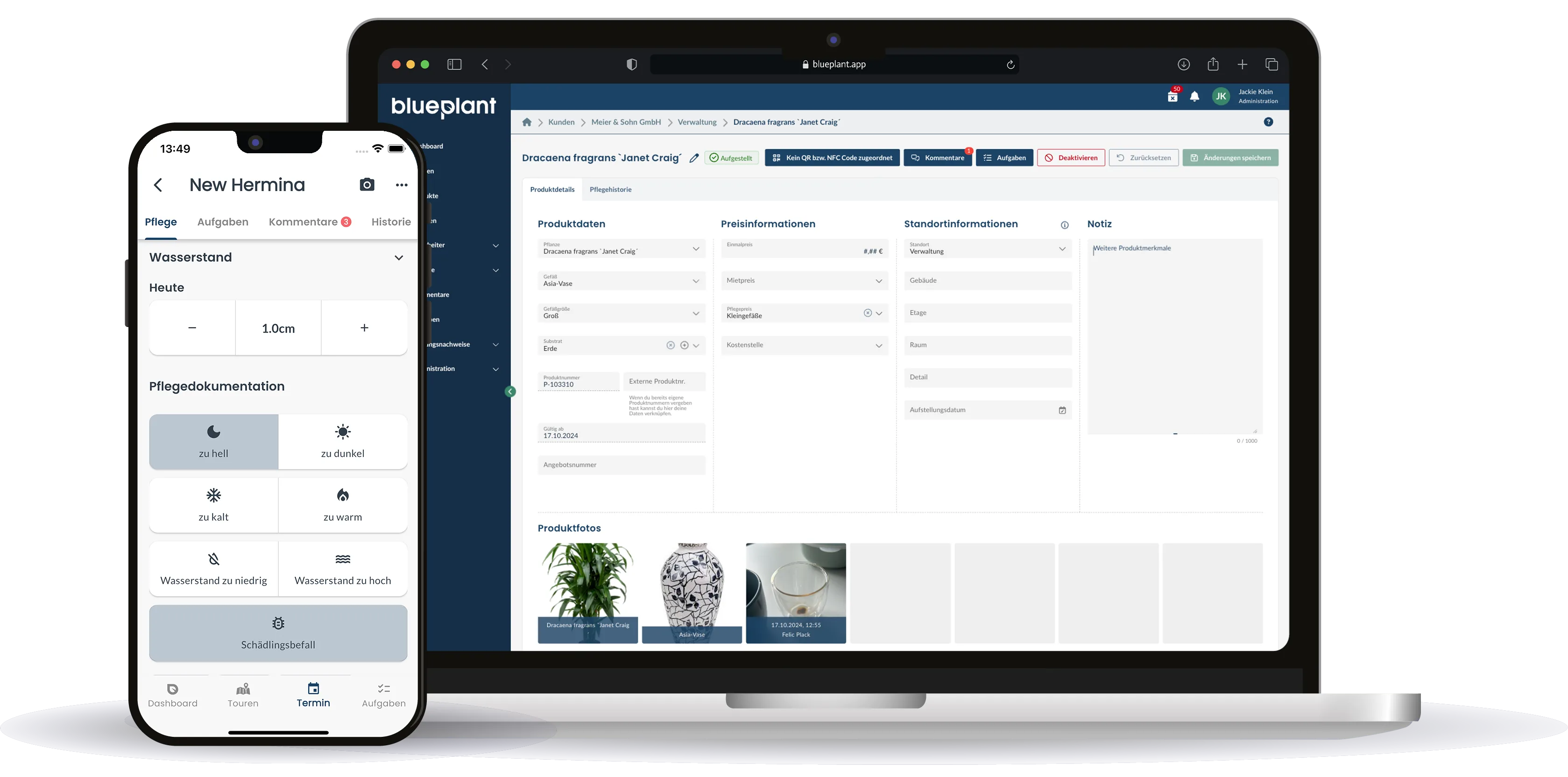 Marketing-Mockup einer Pflanzen-Detailseite, in der App die Pflegedokumentation, im CRM die zugehörige Produktdetailseite