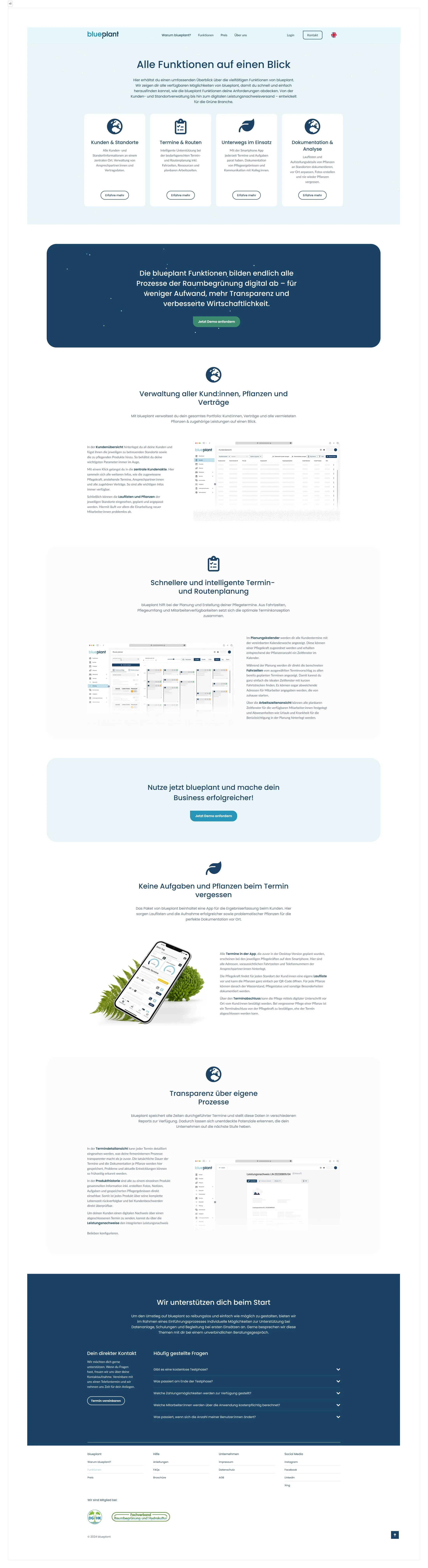 Früherer, organischerer Entwurf der blueplant-Webseite mit neuen Blau- und Grüntönen